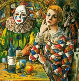 Harlekin und Clown mit Maske