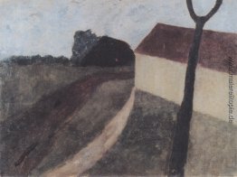 Dämmerung-Landschaft mit Haus und Gabel