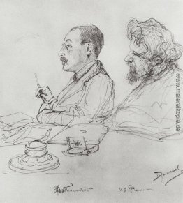 Tolstoi und Repin bei einem Treffen der Akademie der Künste