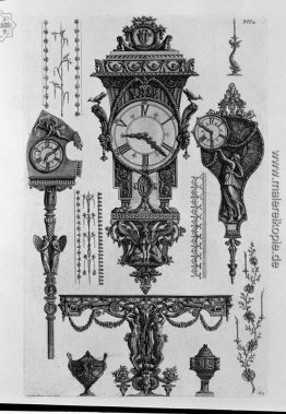Eine Tabelle an der Wand mit zwei Satyrn, einem pndola, zwei Uhr