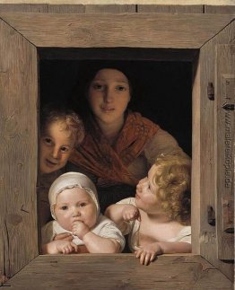 Junge ländliche Frau mit drei Kindern am Fenster
