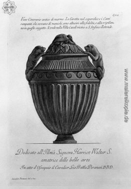 Alte Marmor urn vase mit Hunden und eine Eule Strebepfeiler, ger