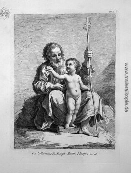 St. Joseph, Jesuskind zwischen den Knien, gibt ihm einen Apfel