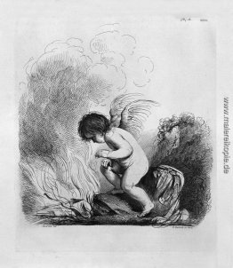 Cupid suchen, um die Pfeile und Bogen von Guercino brennen