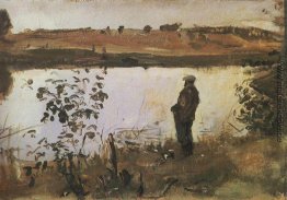 Künstler K. Korovin am Ufer des Flusses