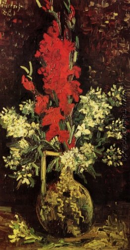 Vase mit den Gladioli und Nelken