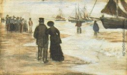 Strand mit Menschen zu Fuß und Boote