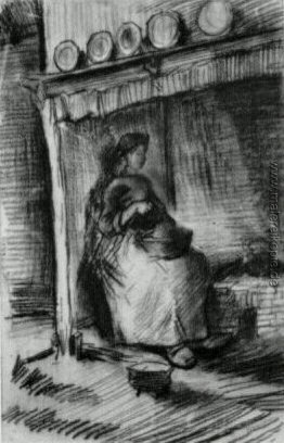 Interior with Ländliche Frau, die in der Nähe der Kamin