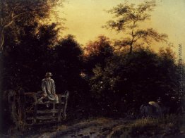 Landschaft mit einer Spur und ein Mann sitzt auf einem Gate-