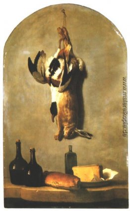 Stillleben mit Hase, Ente, Brot, Käse und Flaschen Wein