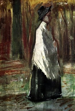 Frau mit weißem Schal in einem Holz