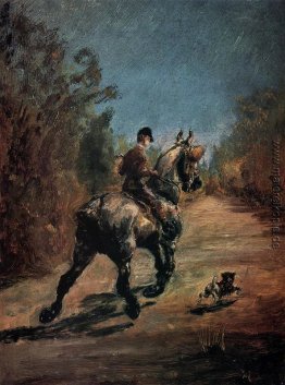 Pferd und Reiter mit einem kleinen Hund