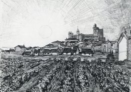 Ansicht von Saintes-Maries mit Kirche und Stadtmauern