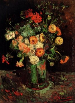 Vase mit Zinnias und Pelargonien