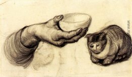 Hand mit Schüssel und eine Katze