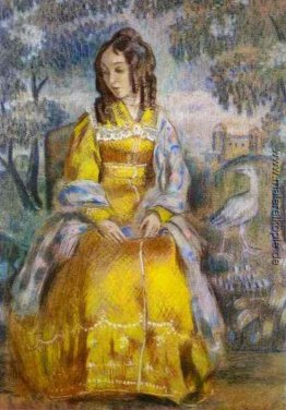 Lady sitzend, mit einem Wandteppich im Hintergrund
