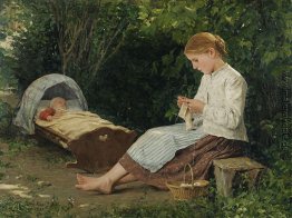 Knitting Mädchen, das den Kleinkind in einem Craddle
