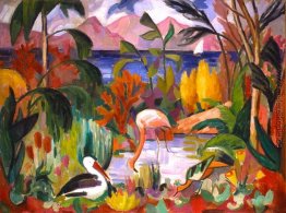 Paysage colore aux oiseaux aquatique