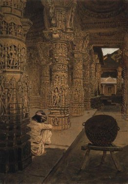 Die Kolonnade in der Jain-Tempel in Mount Abu in den Abend