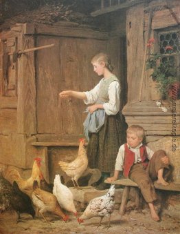 Jeune fille nourrissant les poules