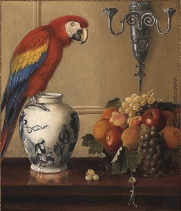 Stillleben von Ara, chinesische Vase und Obst