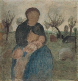 Mutter mit Baby an ihrer Brust, und Kind in Landschaft