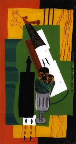 Violine, Flasche Blumen in einem Glas und Eight of Spades