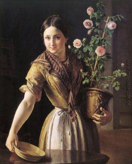 Ein Mädchen mit einem Topf mit Rosen