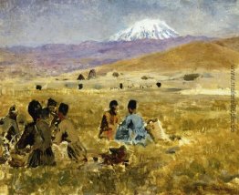 Perser lunching auf dem Gras, Mt. Ararat in der Ferne