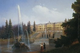 Blick auf den Big Cascade in Peterhof und dem Großen Palast von