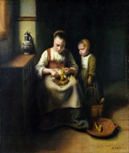 A Woman Scraping Pastinaken, mit einem Kind, das von ihr