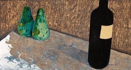 Stilleben mit Flasche und grüne Birnen
