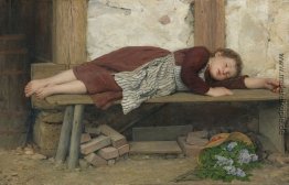 Schlafendes Mädchen auf einer Holzbank