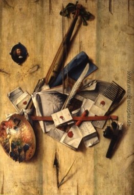 Trompe l'oeil mit Violine, implementiert Malers und Selbstportra