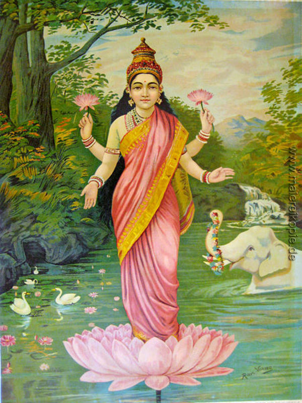 Lakshmi Die Gottin Des Reichtums Di Raja Ravi Varma Von Raja Ravi Varma Olgemalde Reproduktion